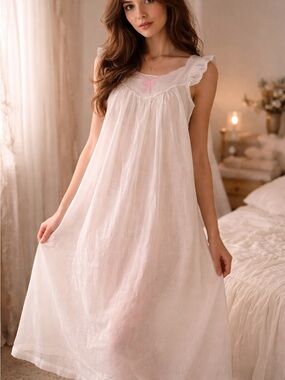 Vintage Monique White Cotton Nightgown Dress Pink Embroidery Feminine Victorian